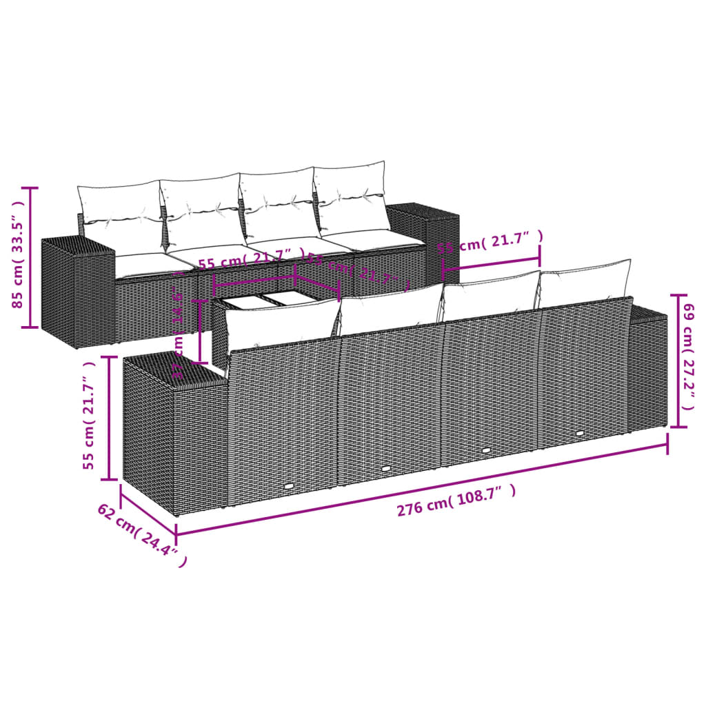 9-piece garden furniture set with black resin wicker cushions