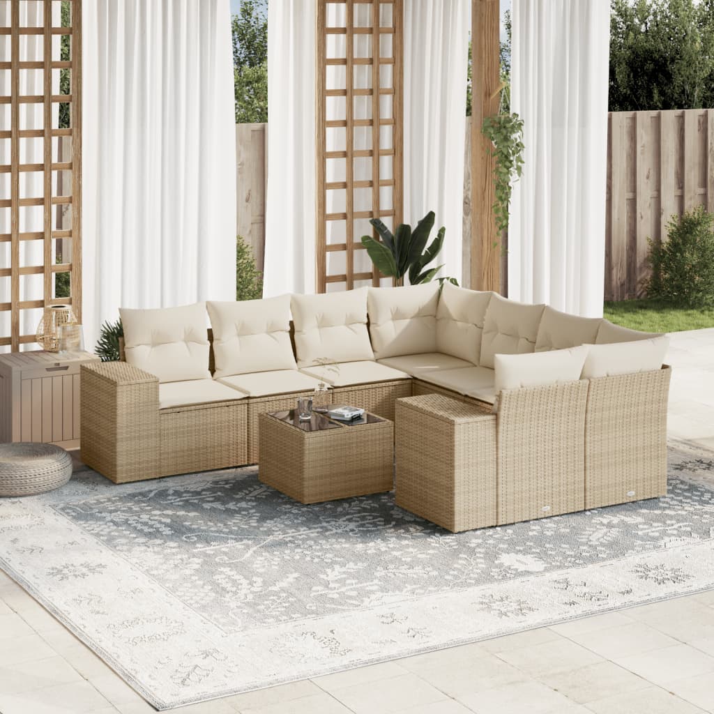 Salon de jardin avec coussins 9 pcs beige résine tressée