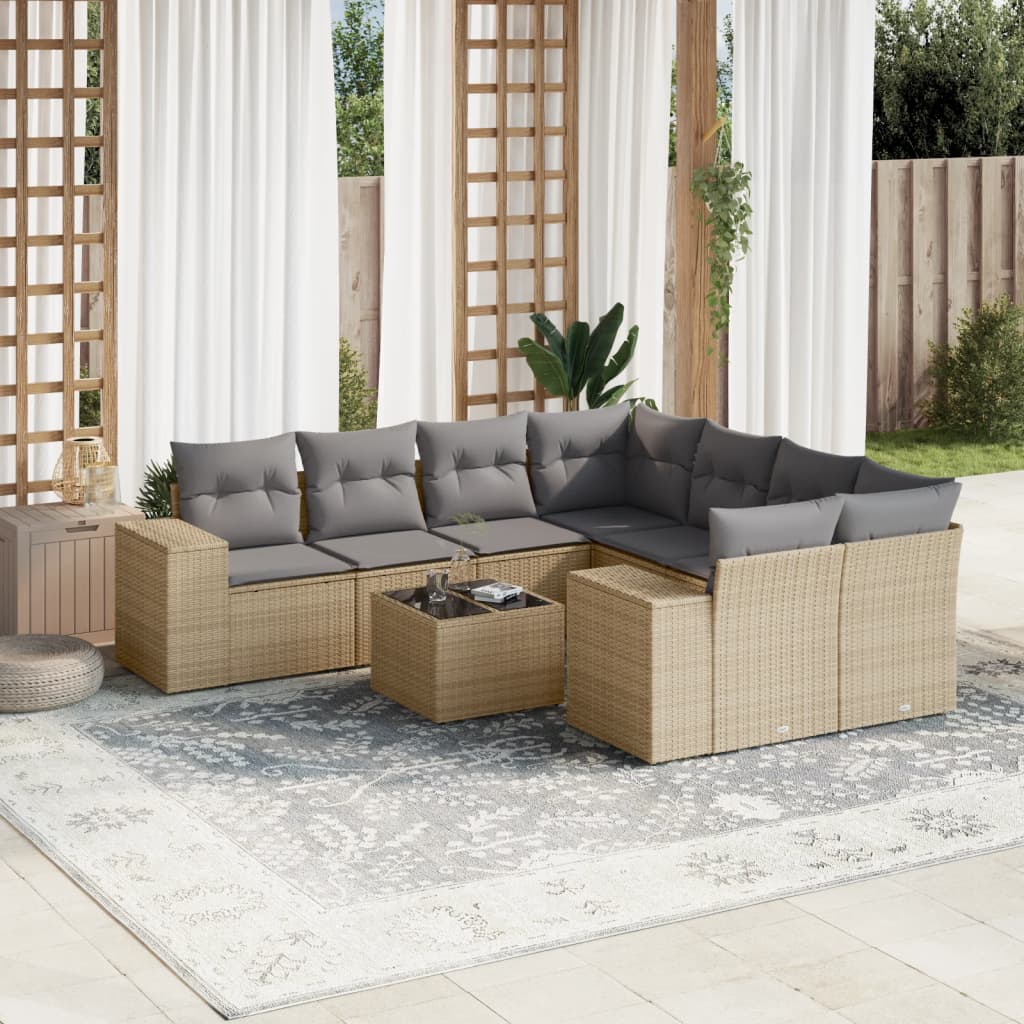 Salon de jardin avec coussins 9 pcs beige résine tressée