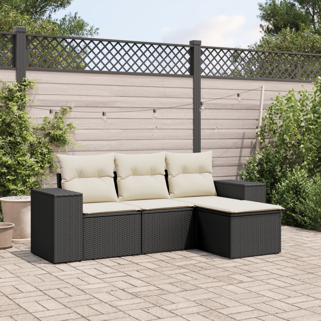 Salon de jardin 4 pcs avec coussins noir résine tressée