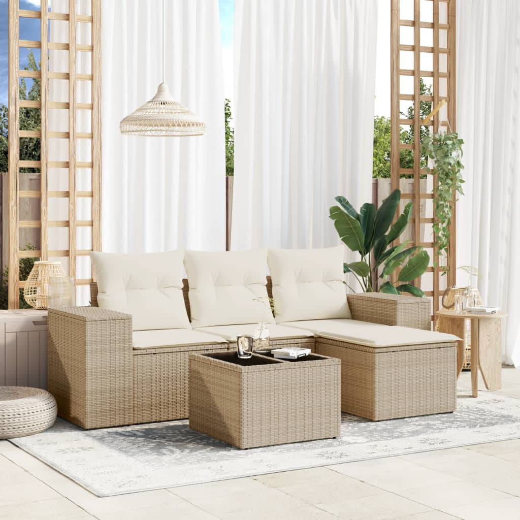 Salon de jardin avec coussins 5 pcs beige résine tressée