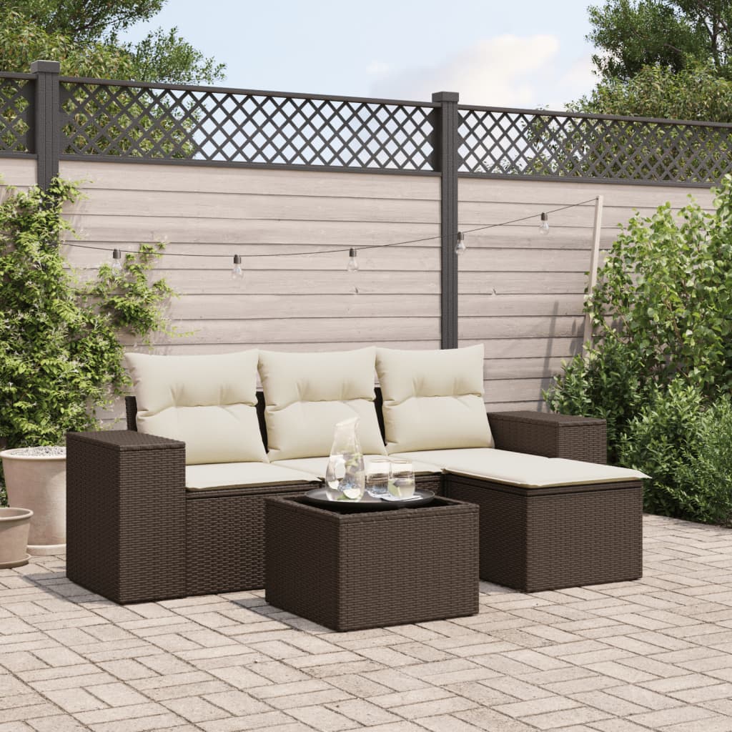 Garden furniture set with cushions 5 pcs brown woven resin