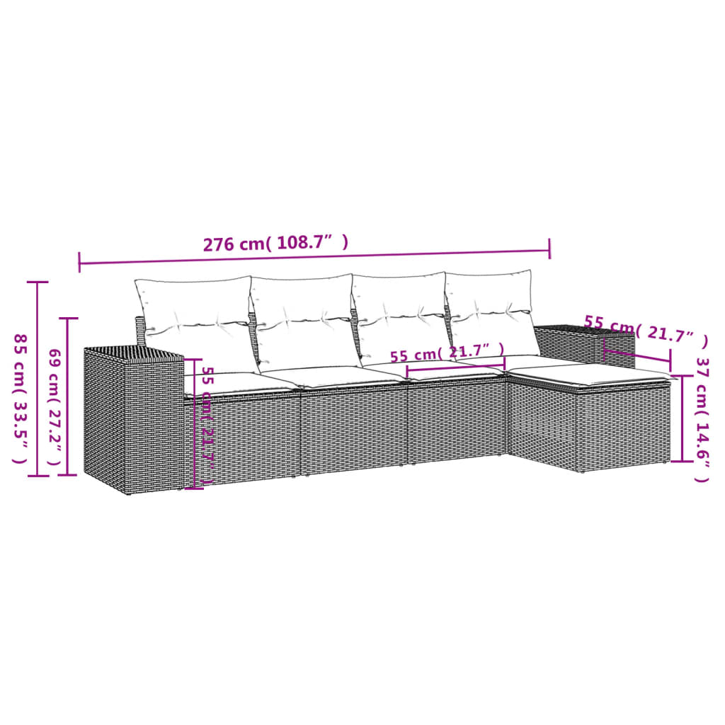 Salon de jardin avec coussins 5 pcs marron résine tressée