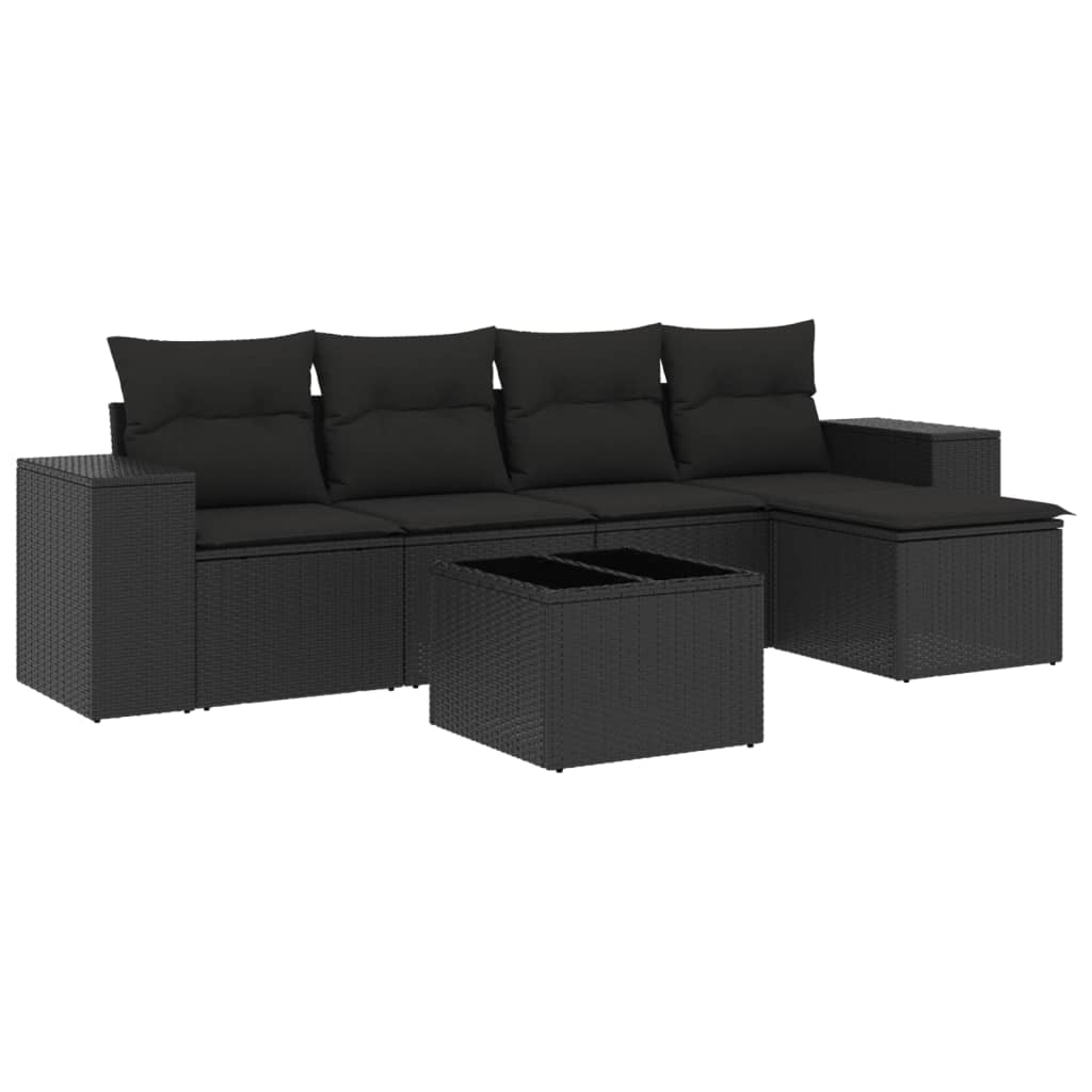 Salon de jardin 6 pcs avec coussins noir résine tressée