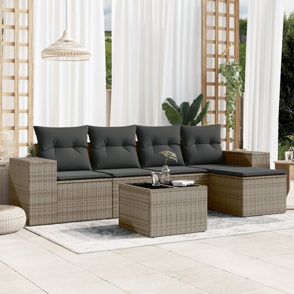 Salon de jardin 6 pcs avec coussins gris résine tressée