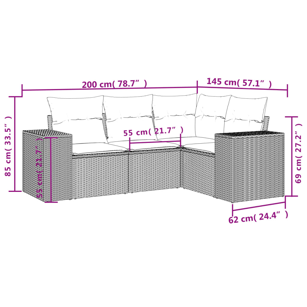 Salon de jardin 4 pcs avec coussins gris clair résine tressée