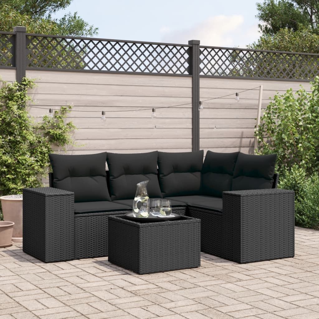 Salon de jardin 5 pcs avec coussins noir résine tressée