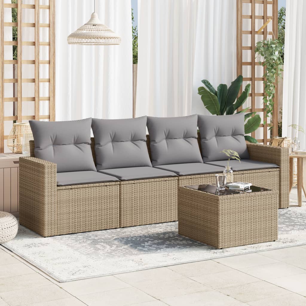 Salon de jardin avec coussins 5 pcs beige résine tressée