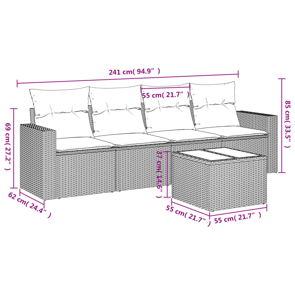 Salon de jardin avec coussins 5 pcs marron résine tressée