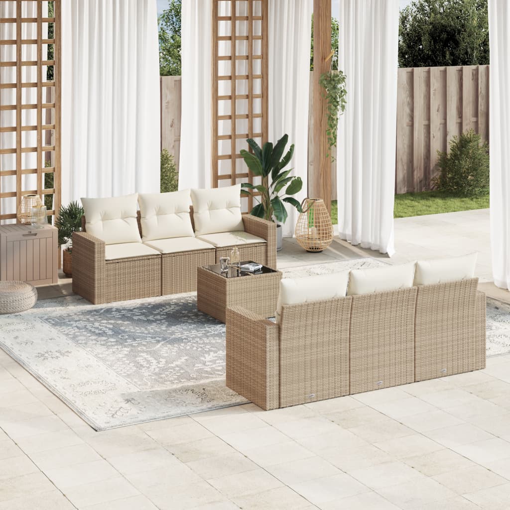 Salon de jardin avec coussins 7 pcs beige résine tressée