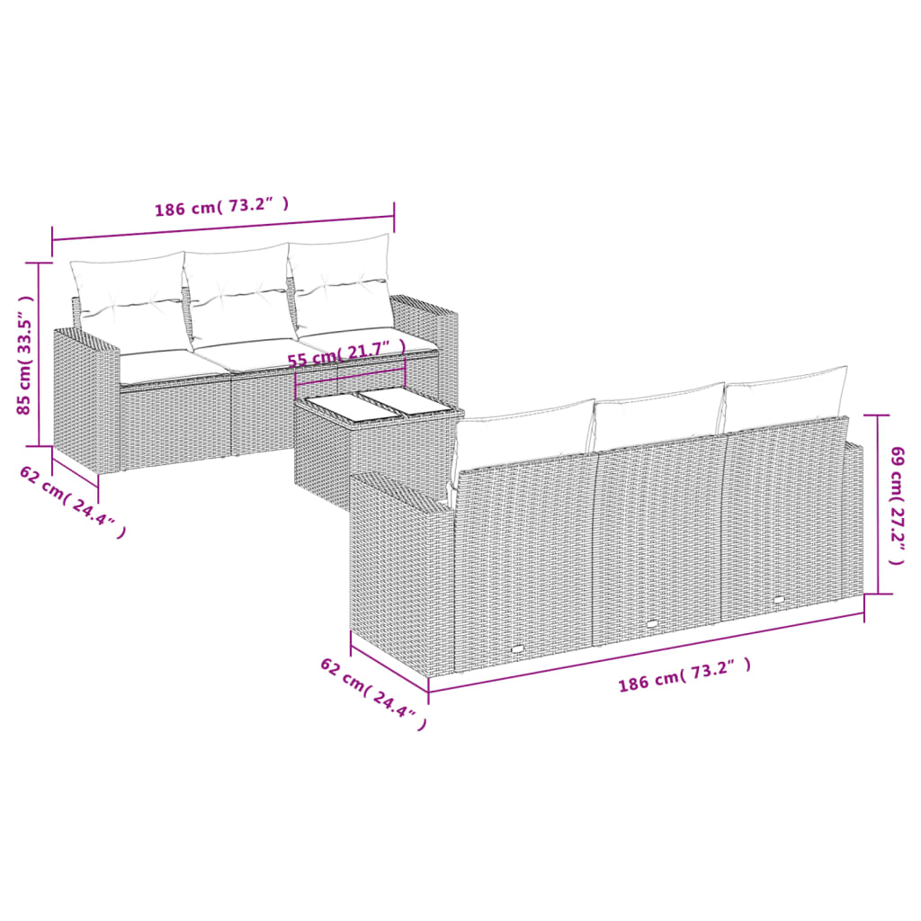 Salon de jardin avec coussins 7 pcs marron résine tressée