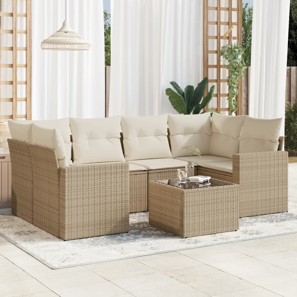 Salon de jardin avec coussins 7 pcs beige résine tressée