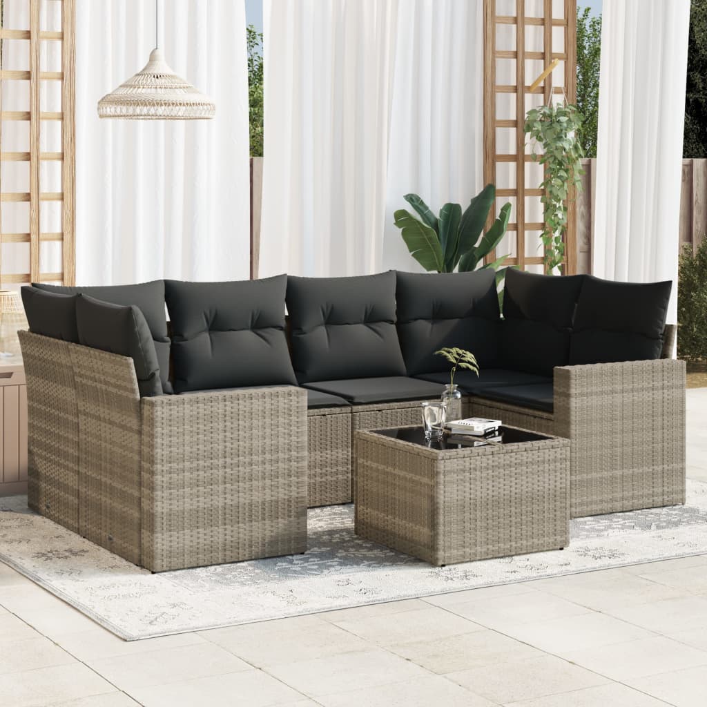 Salon de jardin avec coussins 7 pcs gris clair résine tressée