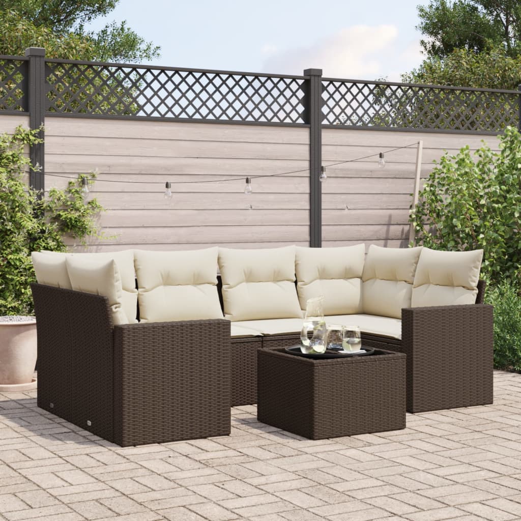 Salon de jardin avec coussins 7 pcs marron résine tressée