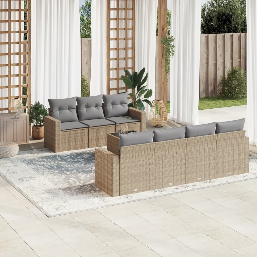 Salon de jardin avec coussins 8 pcs beige résine tressée