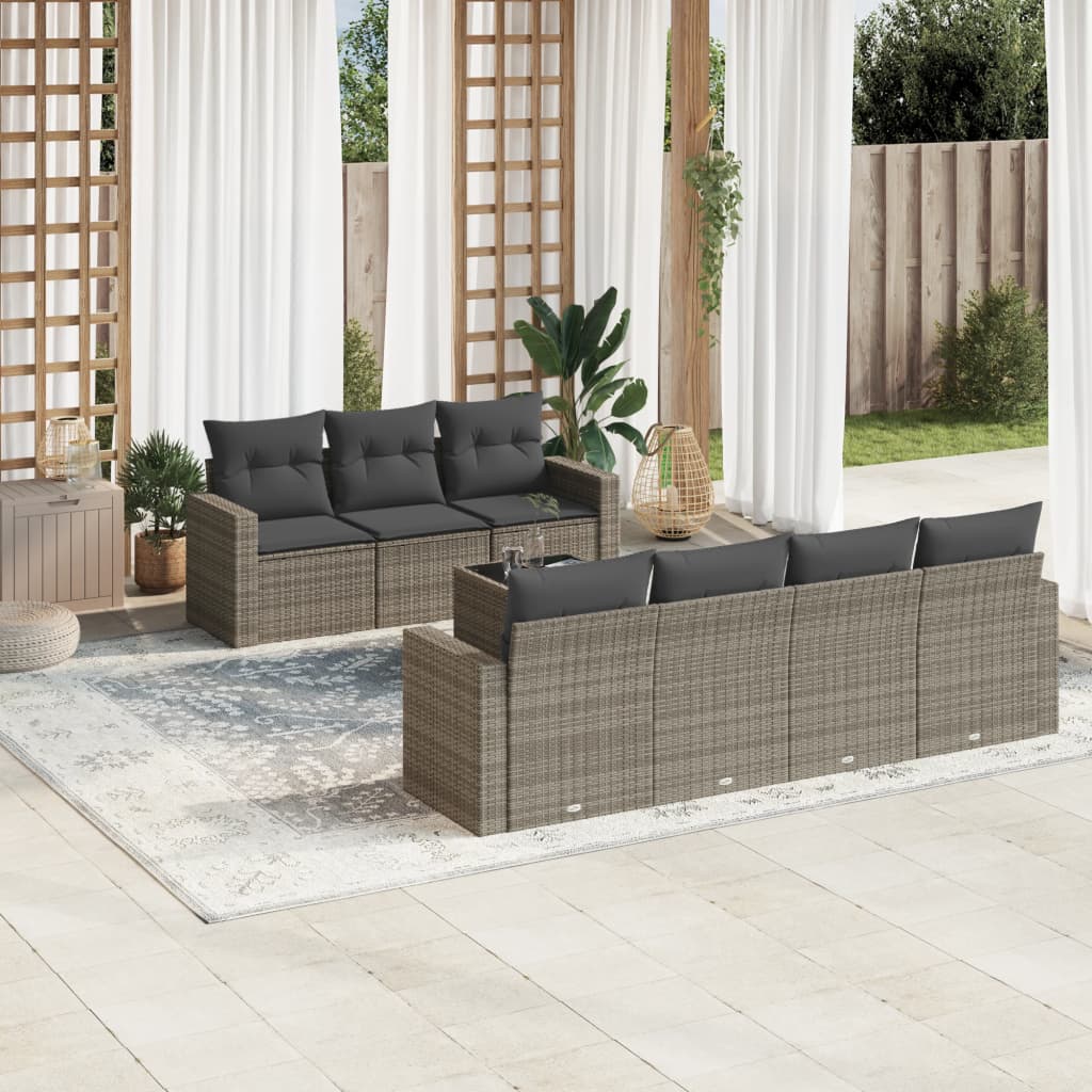 Salon de jardin 8 pcs avec coussins gris résine tressée