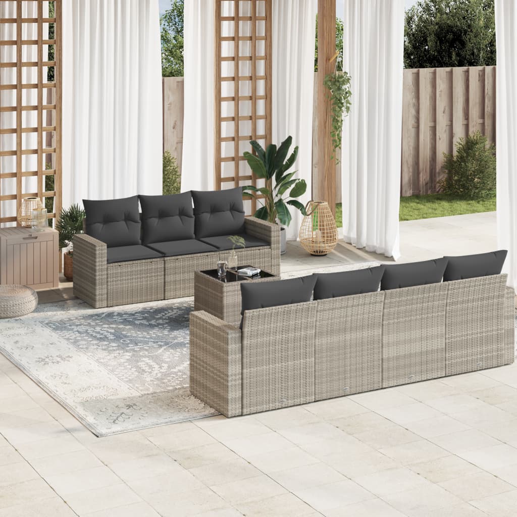 Salon de jardin 8 pcs avec coussins gris clair résine tressée