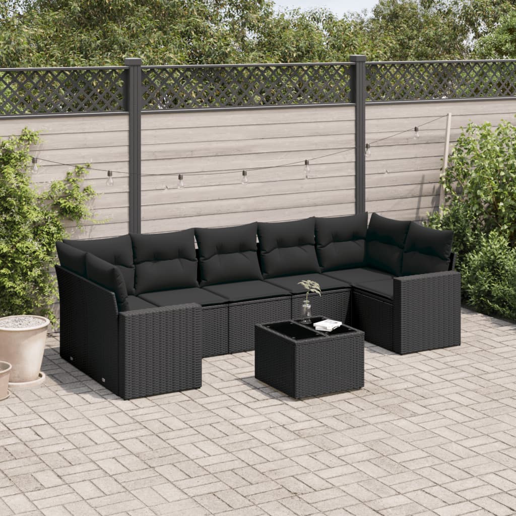 Salon de jardin 8 pcs avec coussins noir résine tressée