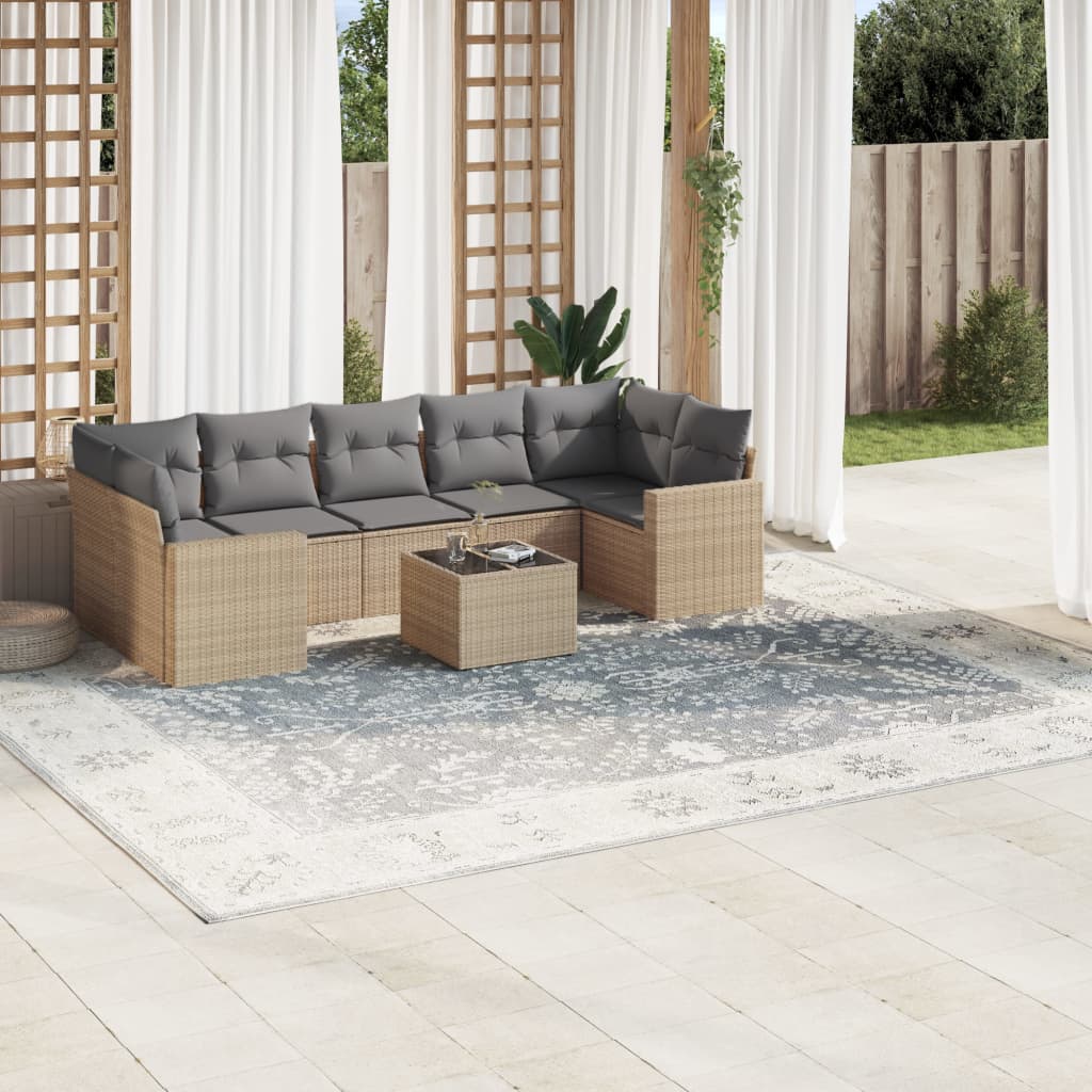 Salon de jardin avec coussins 8 pcs beige résine tressée