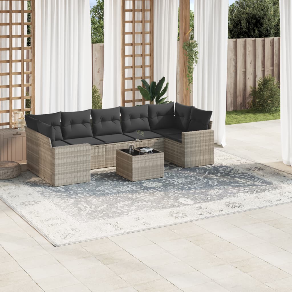 Salon de jardin 8 pcs avec coussins gris clair résine tressée