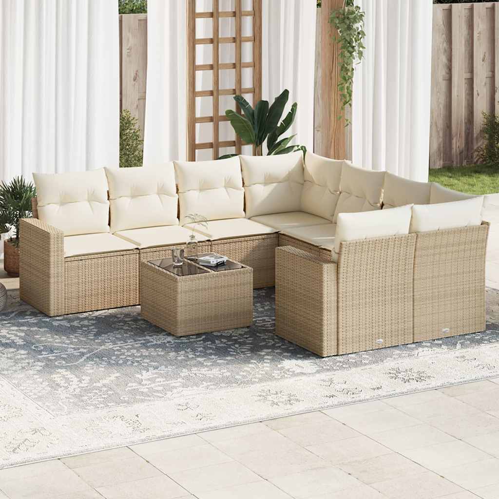 Garden furniture set with cushions 9 pcs beige woven resin