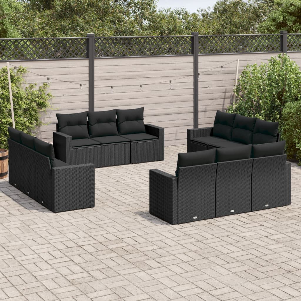 Salon de jardin 12 pcs avec coussins noir résine tressée