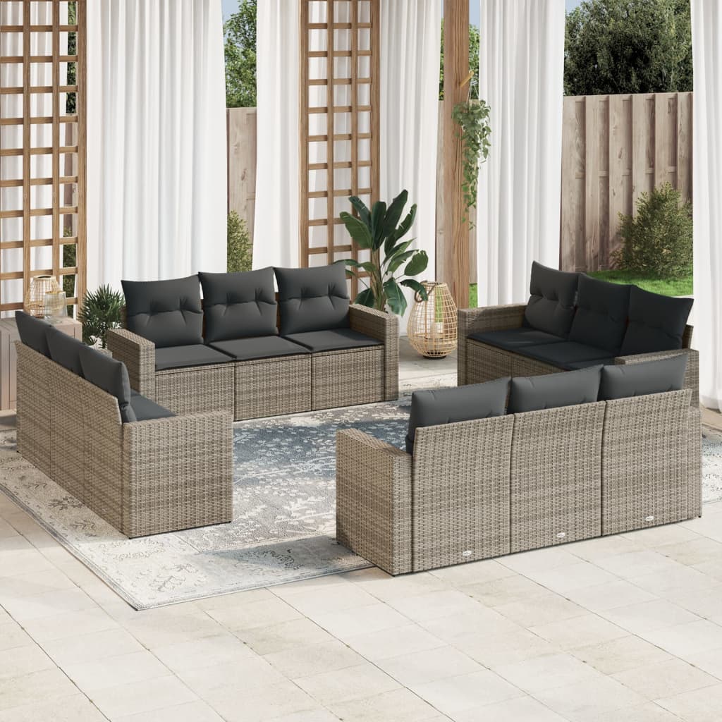 Salon de jardin avec coussins 12 pcs gris résine tressée