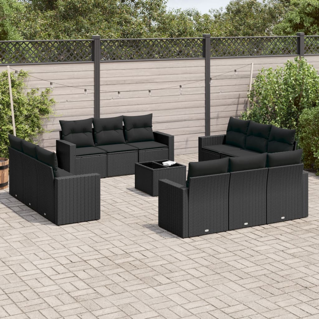 Salon de jardin avec coussins 13 pcs noir résine tressée