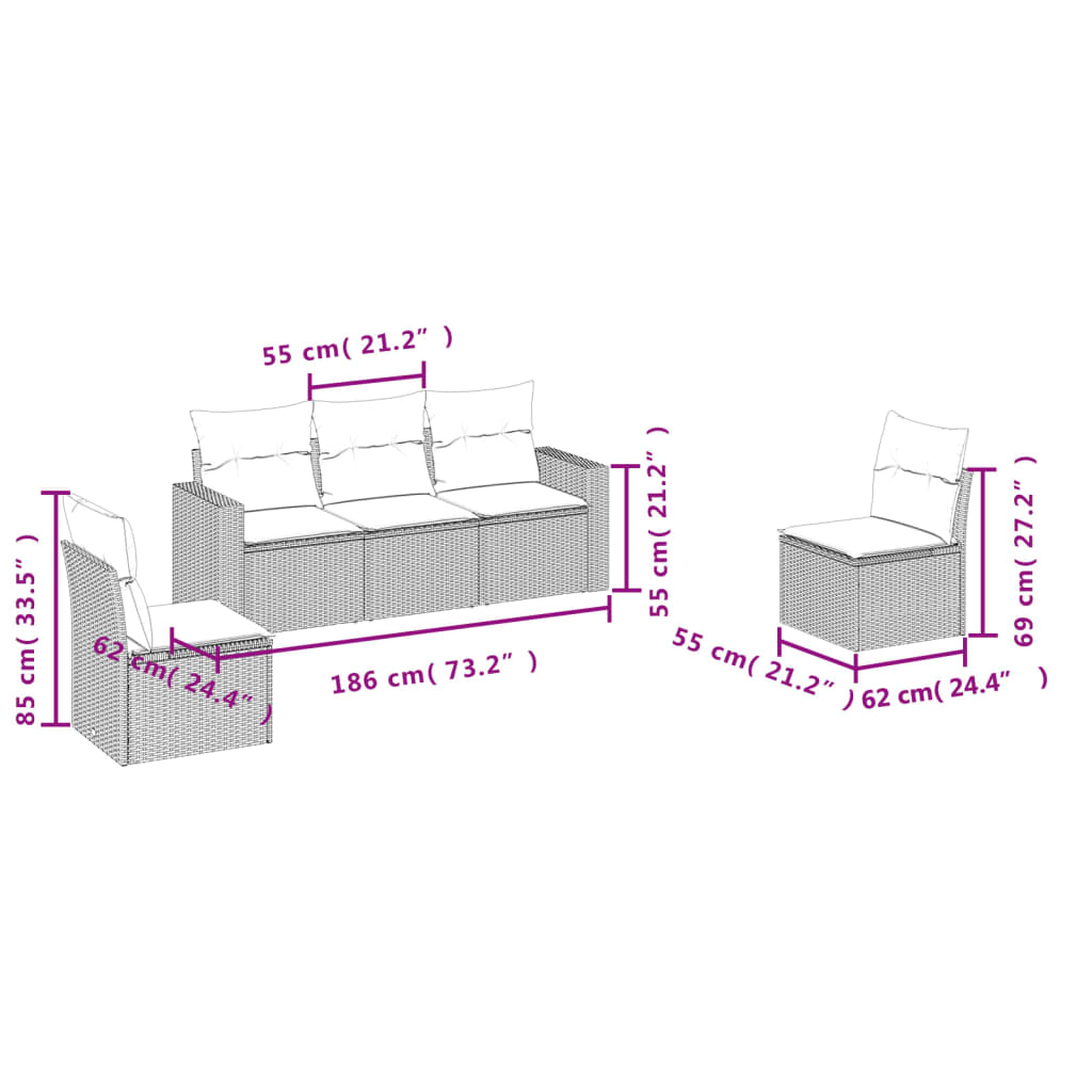 Salon de jardin avec coussins 5 pcs marron résine tressée