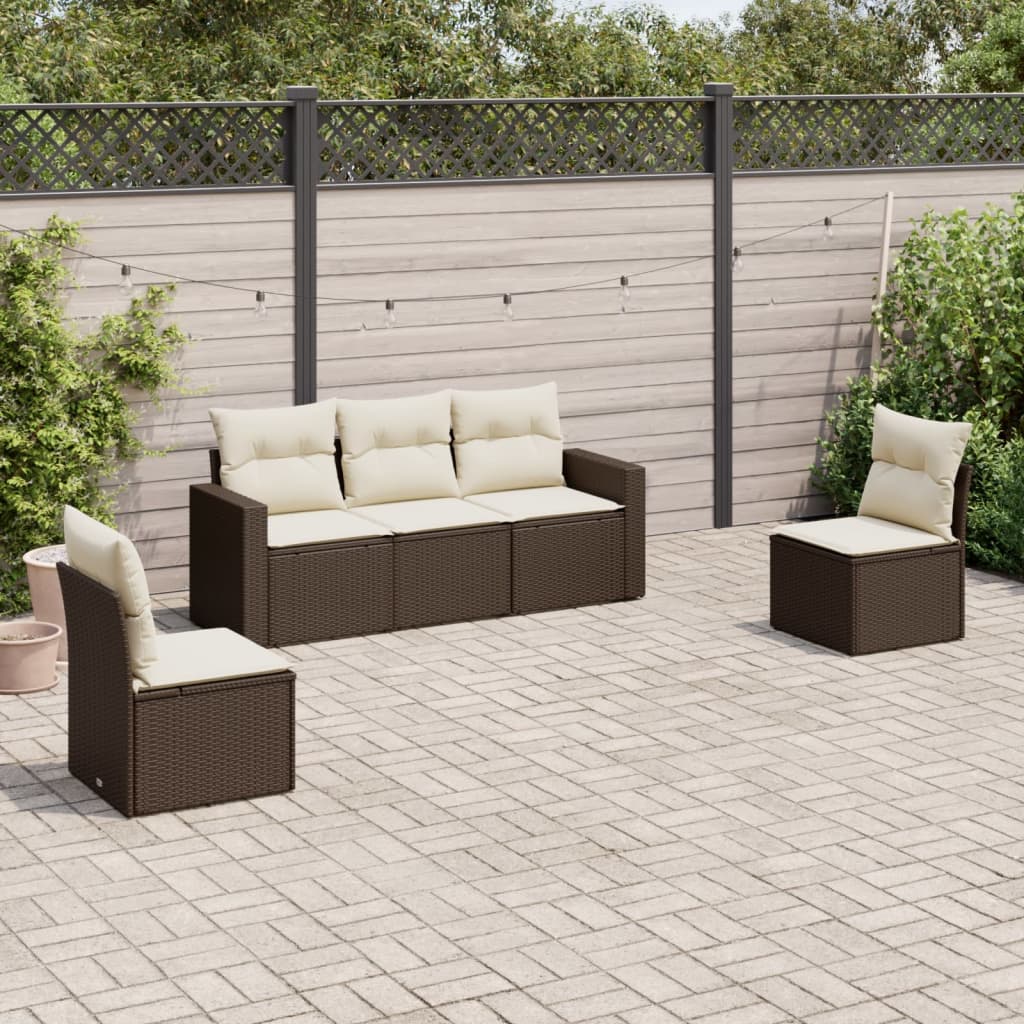 Salon de jardin avec coussins 5 pcs marron résine tressée