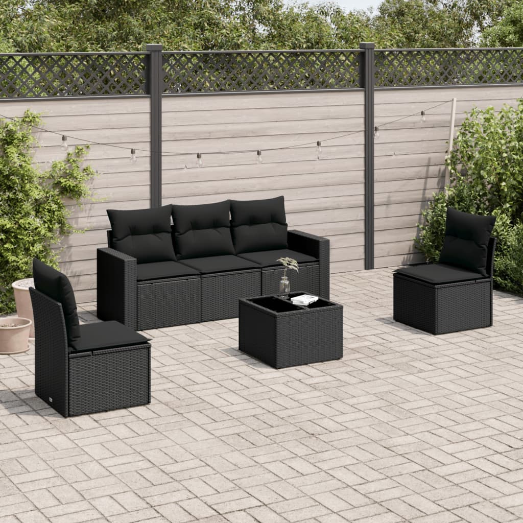 Salon de jardin 6 pcs avec coussins noir résine tressée