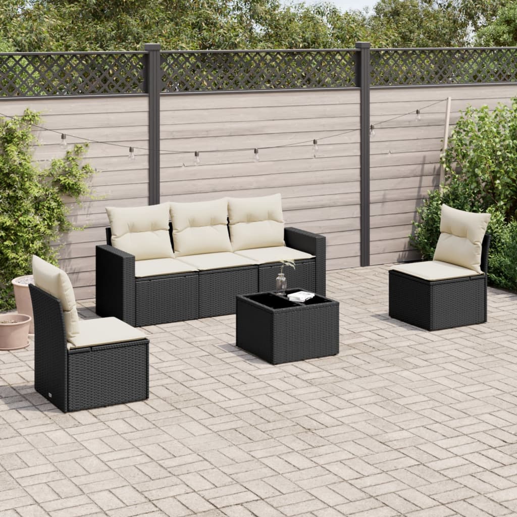 Salon de jardin 6 pcs avec coussins noir résine tressée