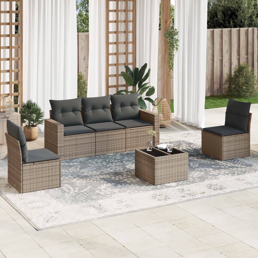 Salon de jardin 6 pcs avec coussins gris résine tressée