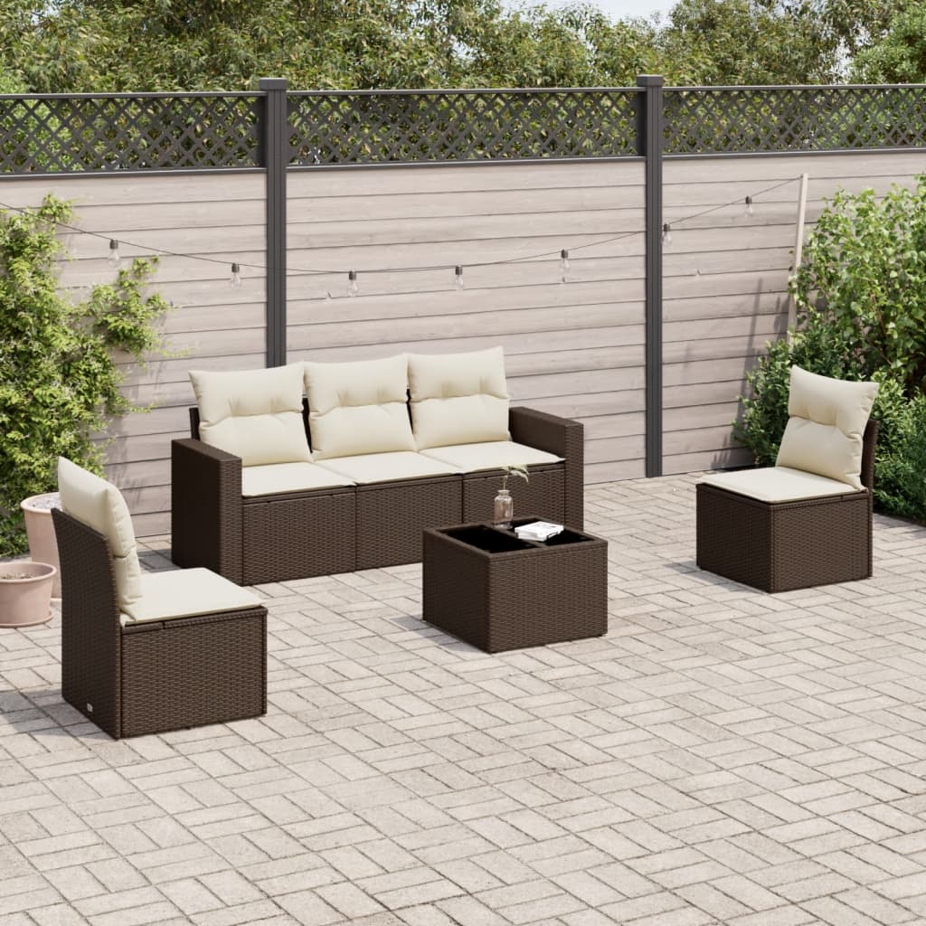 Salon de jardin avec coussins 6 pcs marron résine tressée