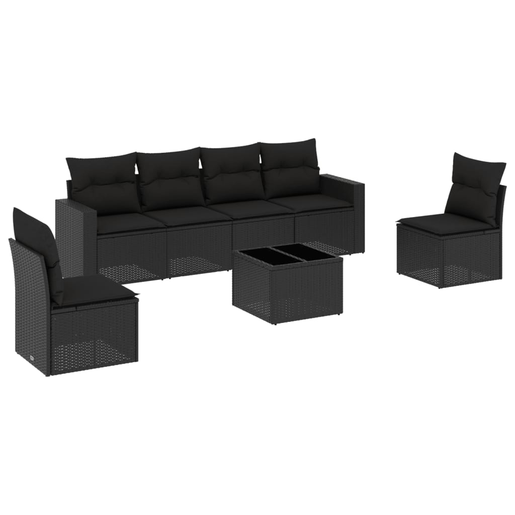 Salon de jardin 7 pcs avec coussins noir résine tressée