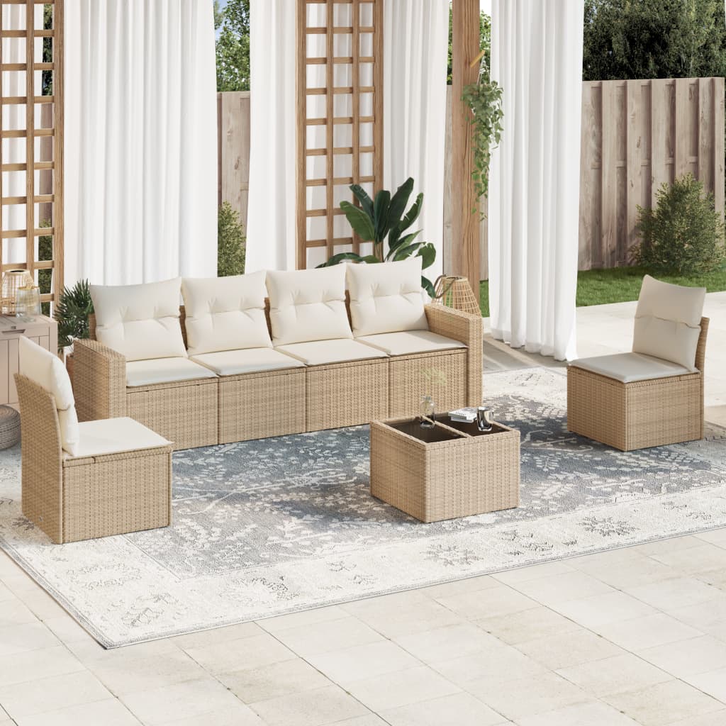 Salon de jardin avec coussins 7 pcs beige résine tressée