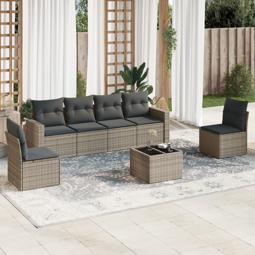 Salon de jardin avec coussins 7 pcs gris résine tressée