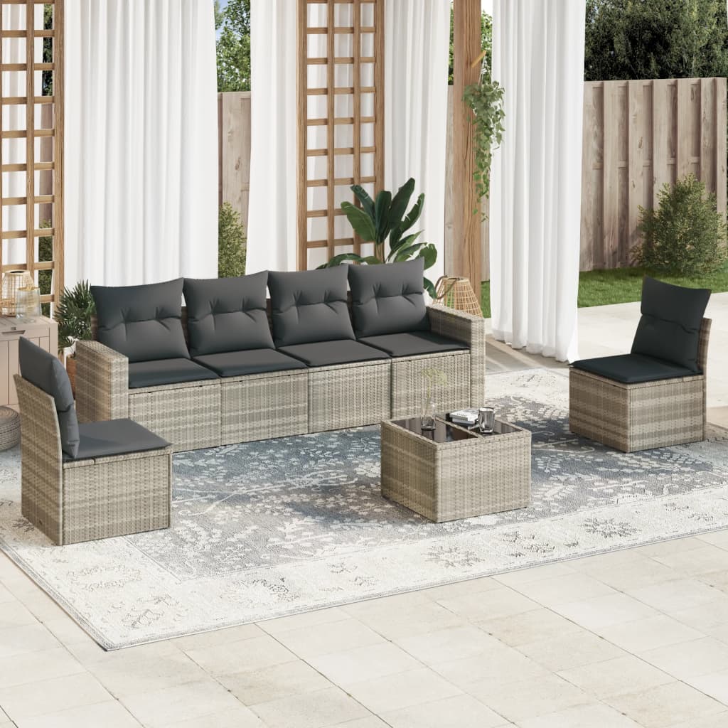 Salon de jardin avec coussins 7 pcs gris clair résine tressée