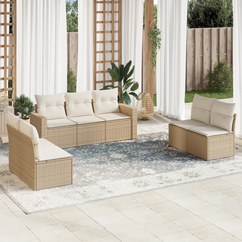 Salon de jardin avec coussins 7 pcs beige résine tressée