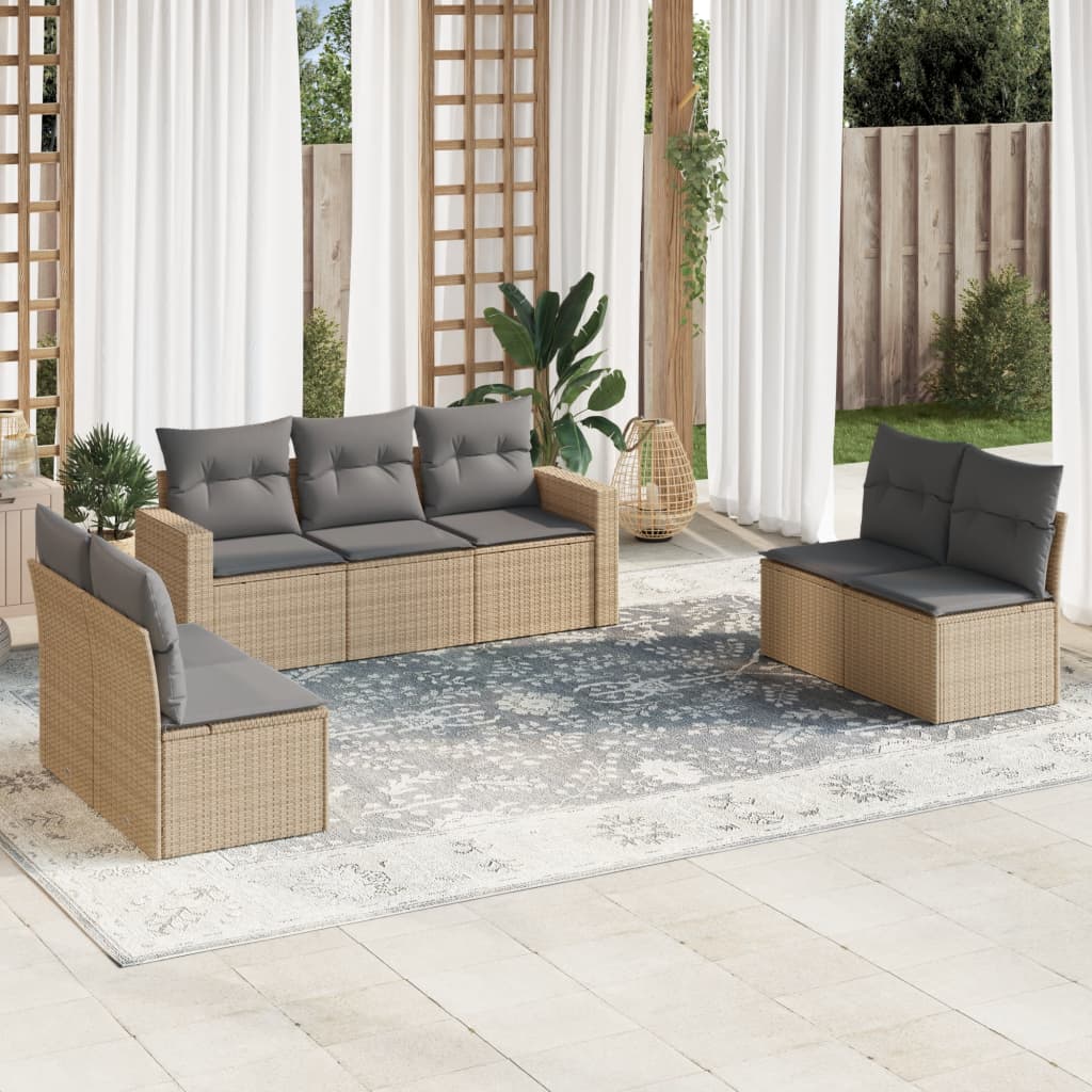 Salon de jardin avec coussins 7 pcs beige résine tressée