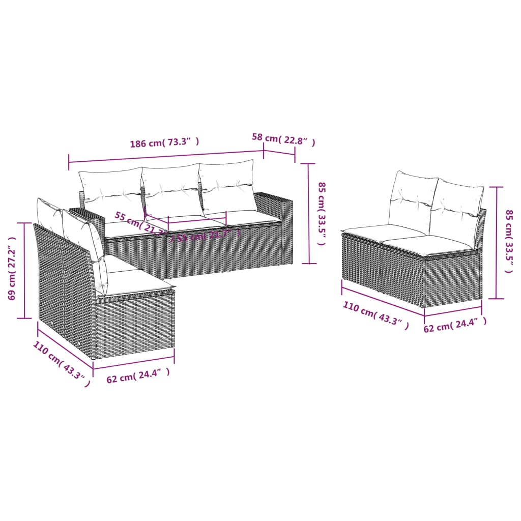 Salon de jardin avec coussins 7 pcs marron résine tressée