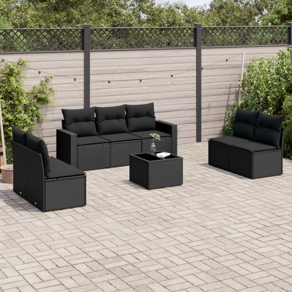 Salon de jardin 8 pcs avec coussins noir résine tressée