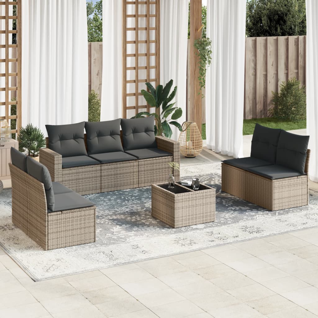 Salon de jardin 8 pcs avec coussins gris résine tressée