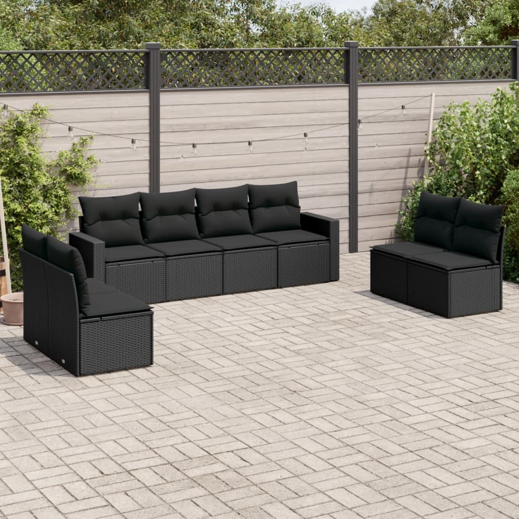 Salon de jardin 8 pcs avec coussins noir résine tressée