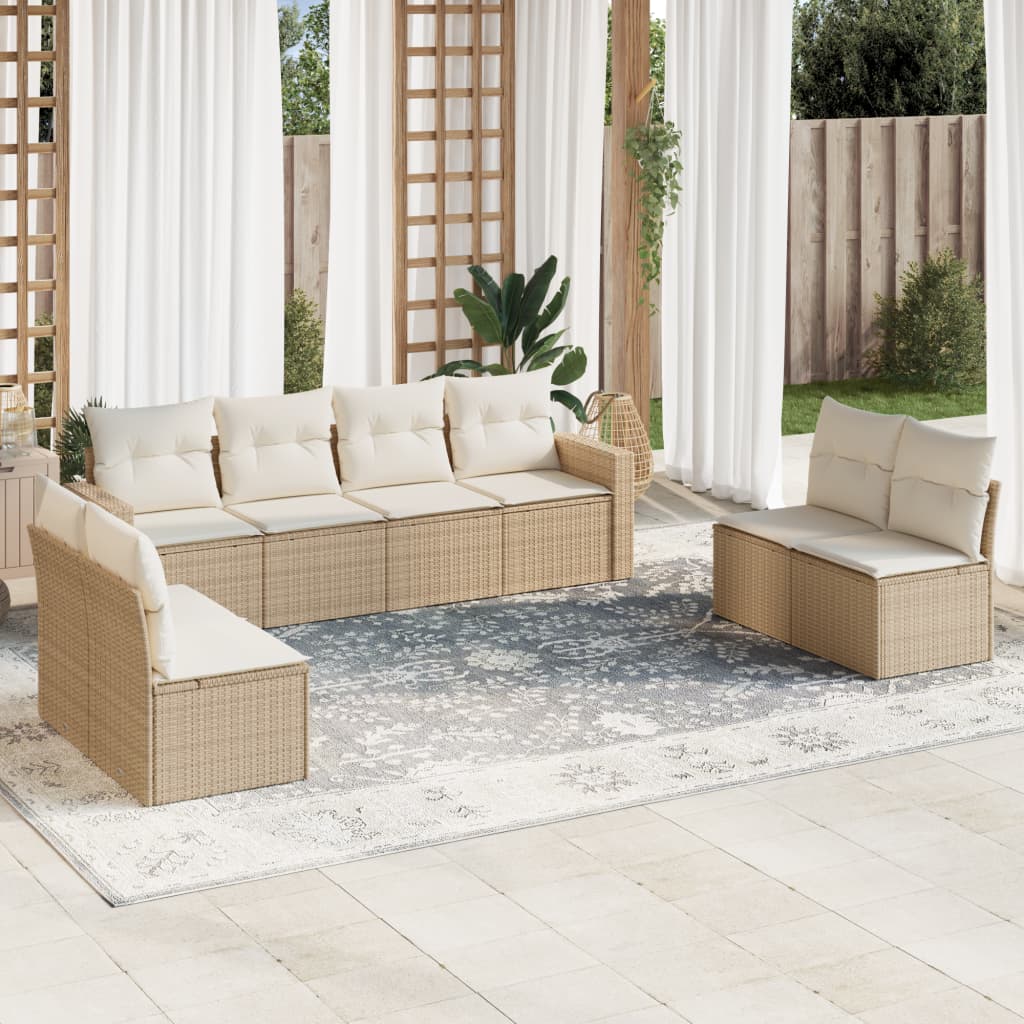 Salon de jardin avec coussins 8 pcs beige résine tressée