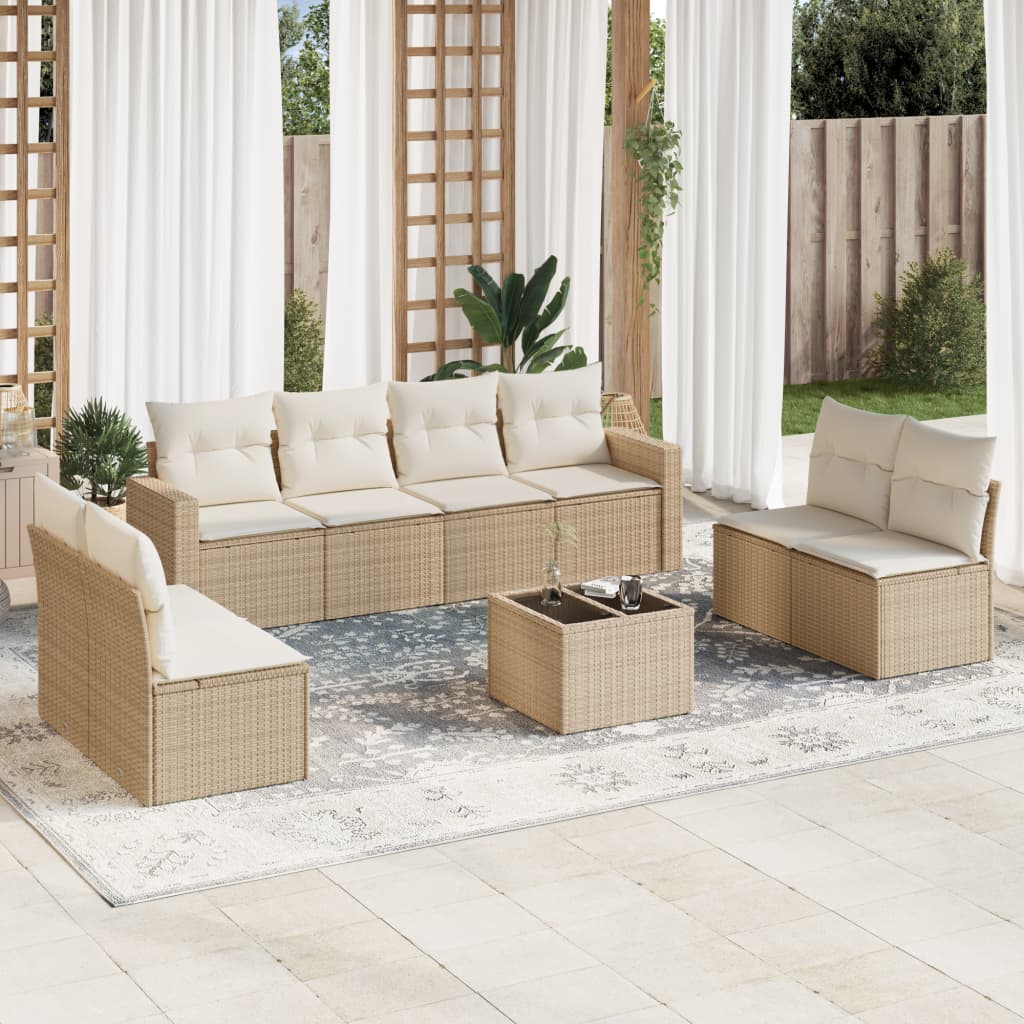 Salon de jardin avec coussins 9 pcs beige résine tressée