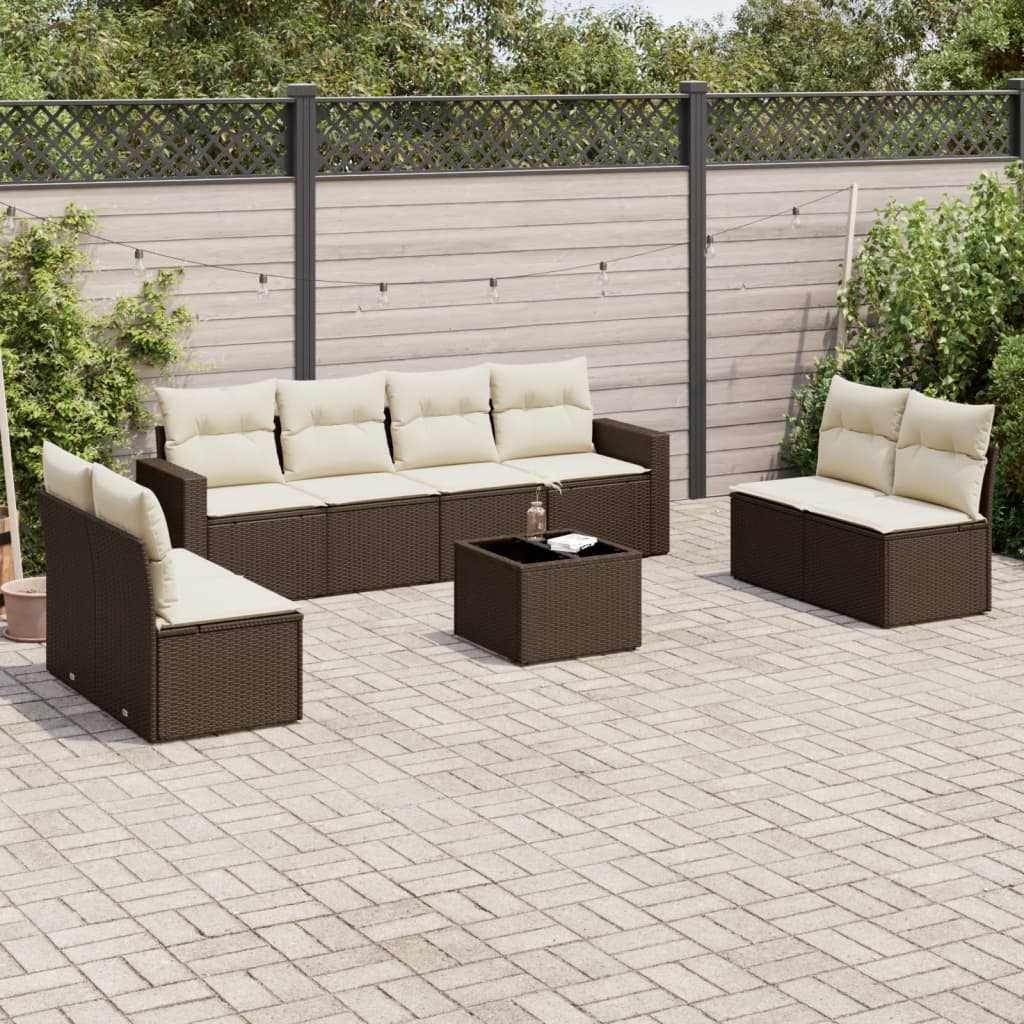 Salon de jardin avec coussins 9 pcs marron résine tressée