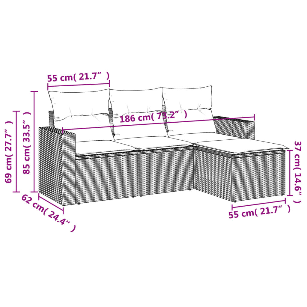 Salon de jardin 4 pcs avec coussins noir résine tressée