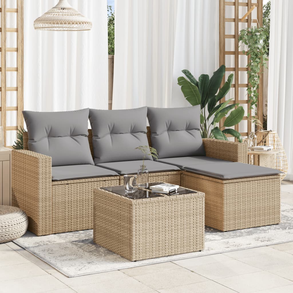 Salon de jardin avec coussins 5 pcs beige résine tressée