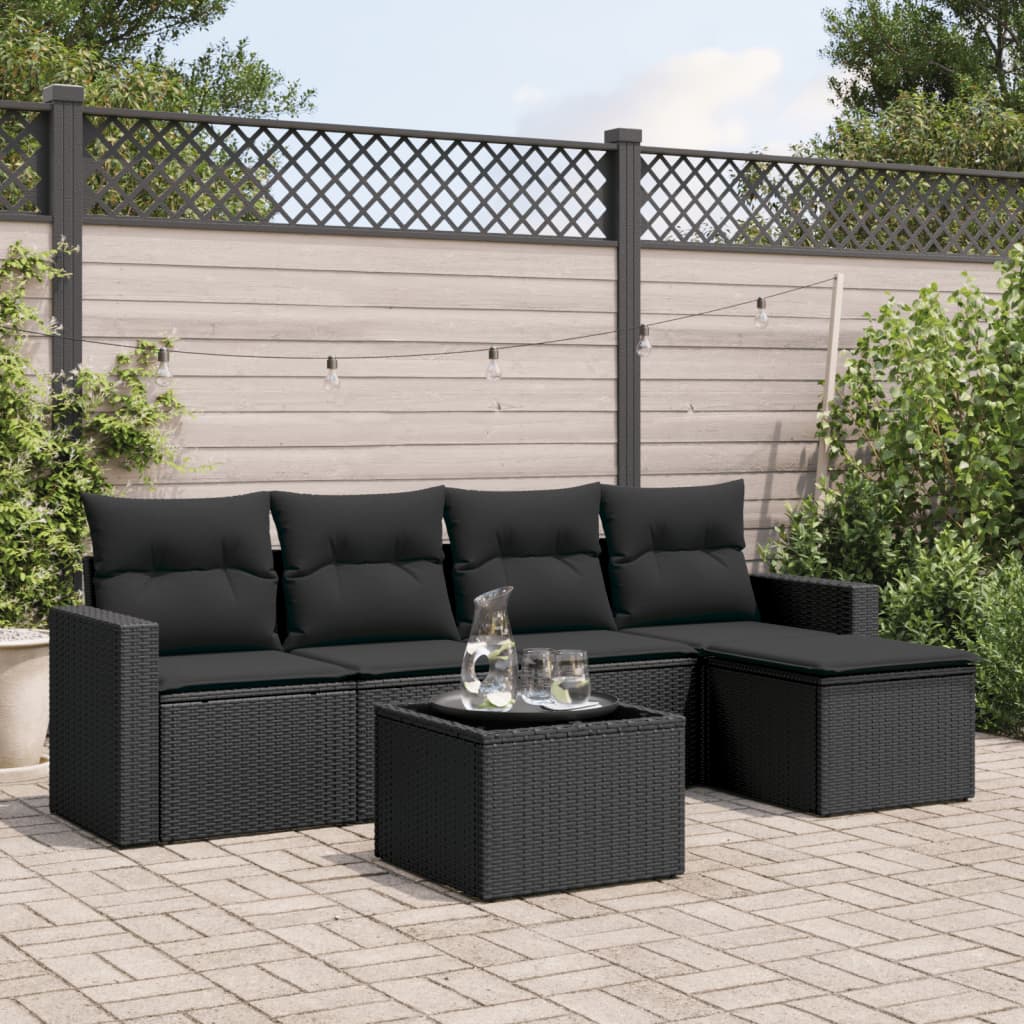 Salon de jardin 6 pcs avec coussins noir résine tressée